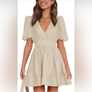 NEW Outfeel Women’s Large Cream/Off White Puff Sleeve Mini Short Sleeve Dress